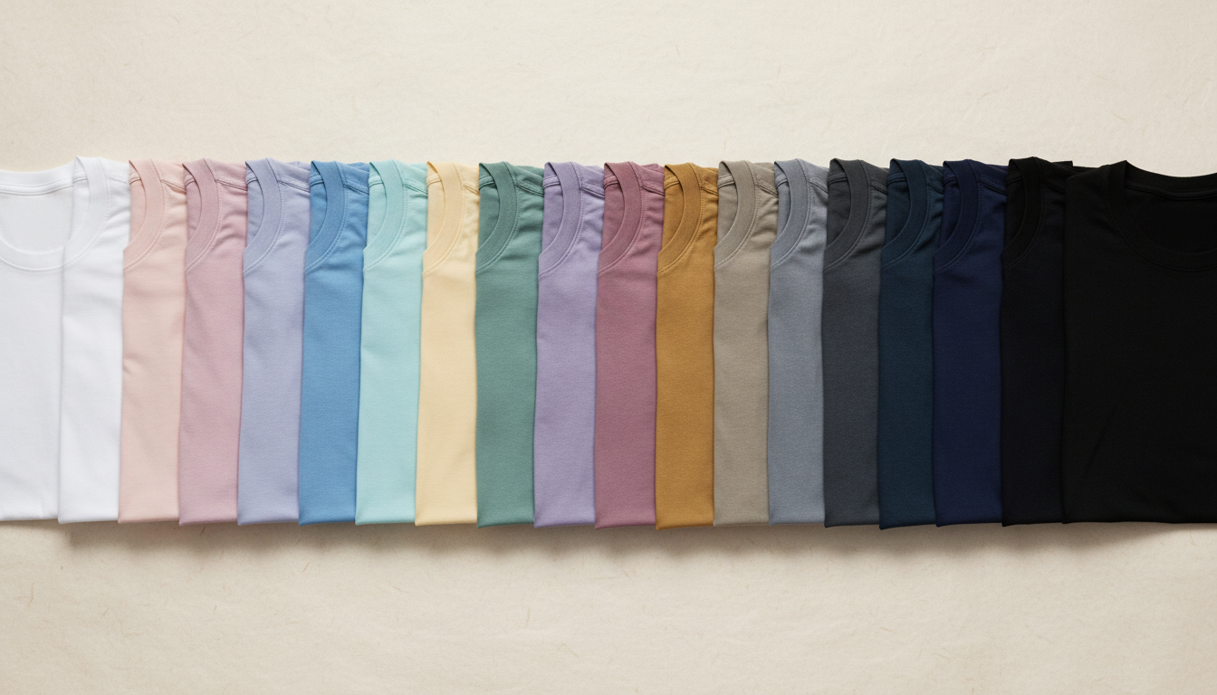 A row of colorful blank shirts for custom printing