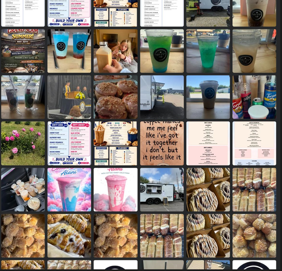 Cupful of Grace Coffee drinks, trailer, menus, and baked goods
