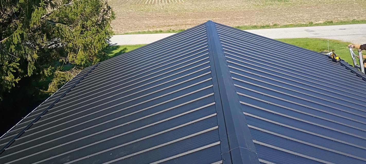 Metal roof ridge detail on garage