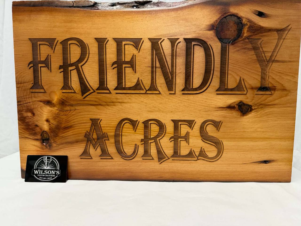 Large engraved Friendly Acres wood sign